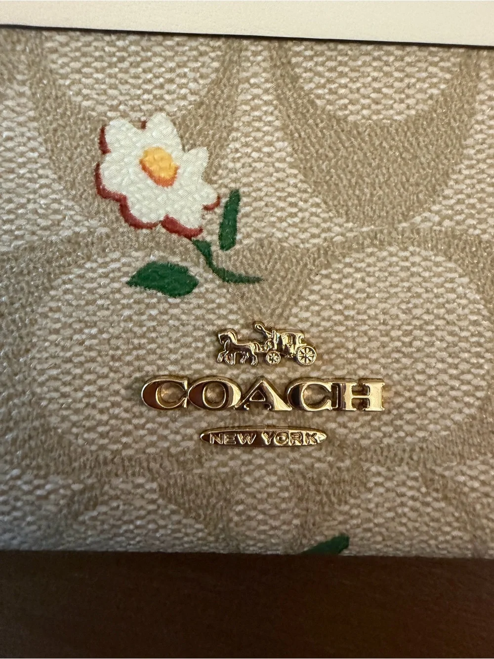 Coach Beige Floral Signature Zip Card Case Keyring with Chalk Trim